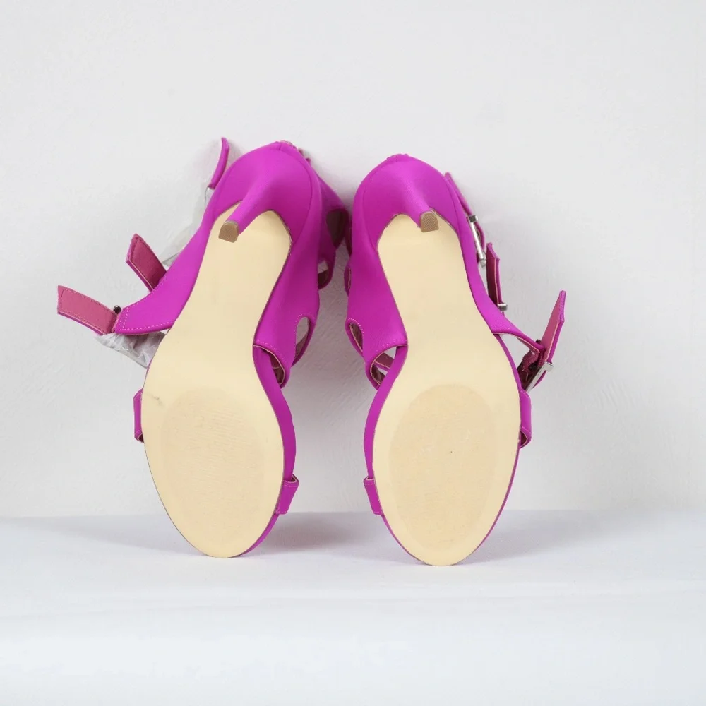 NEW JustFab "Connie" Fuchsia Buckle Up Strappy Stiletto Heels Sandals Size 7.5 - Picture 7 of 11